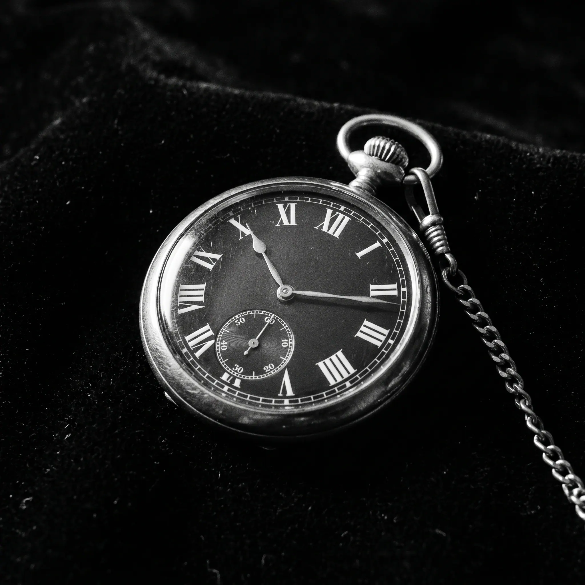 Silver pocket watch on black velvet, Roman numerals, chain trailing off — Exhibit A