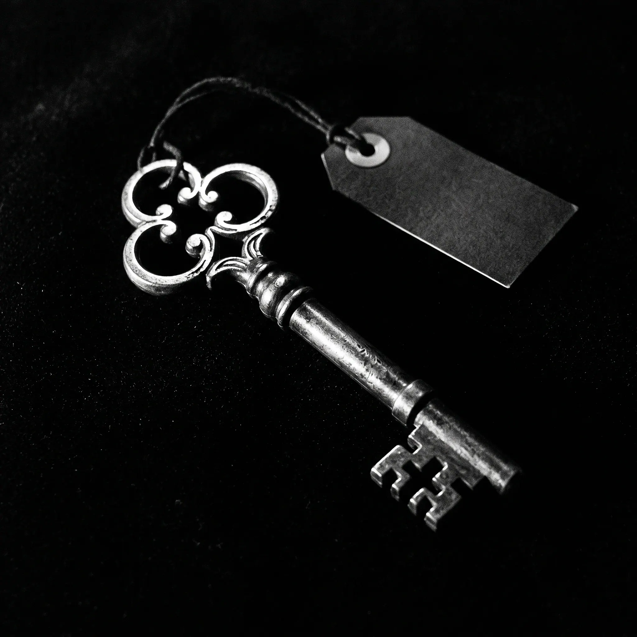 Ornate brass skeleton key with luggage tag on black velvet — Exhibit B