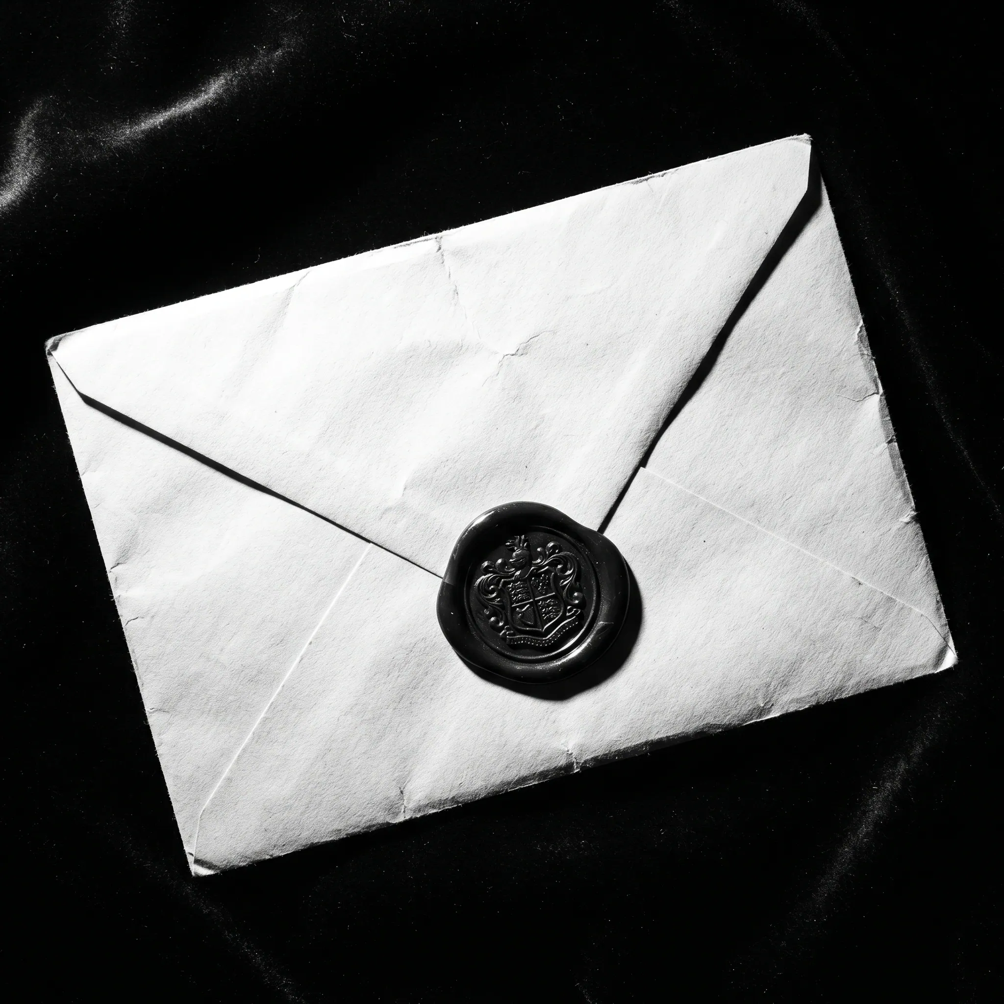 Parchment envelope with dark wax seal bearing a crest, on black velvet — Exhibit C