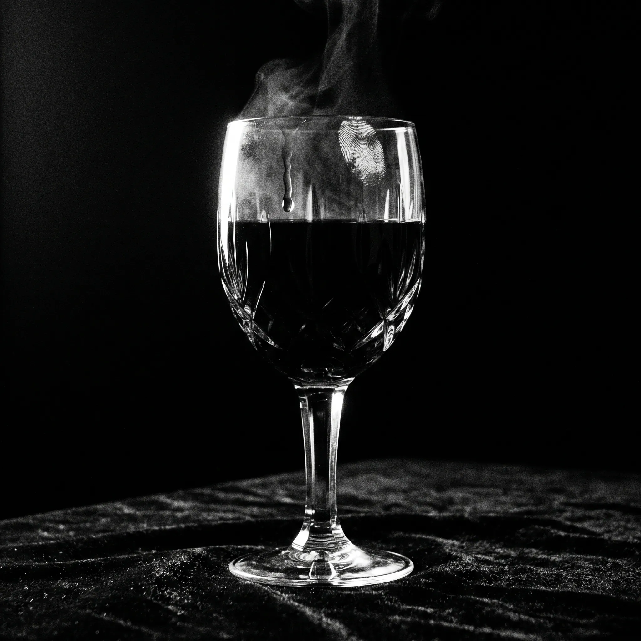 Crystal wine glass half-filled with dark wine, fingerprint smudge on rim, on black velvet — Exhibit D