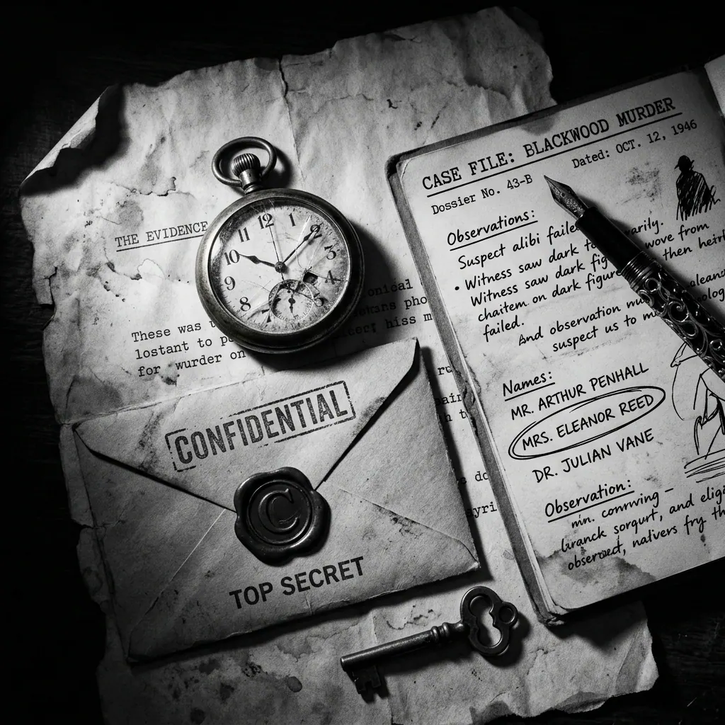 Evidence: case file dossier, confidential envelope, pocket watch and key from the Richards Town murder