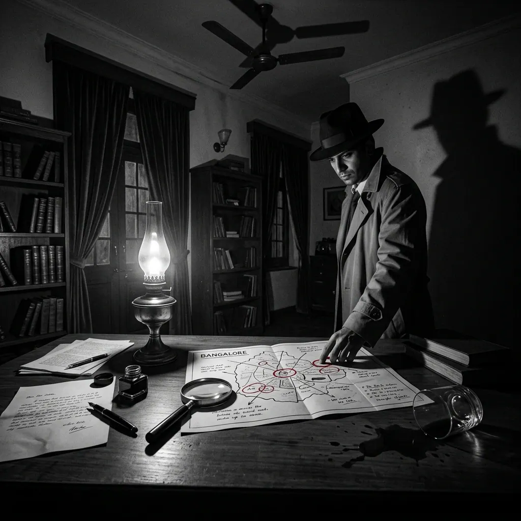 Inspector poring over a map of Bangalore in a colonial study by lamplight
